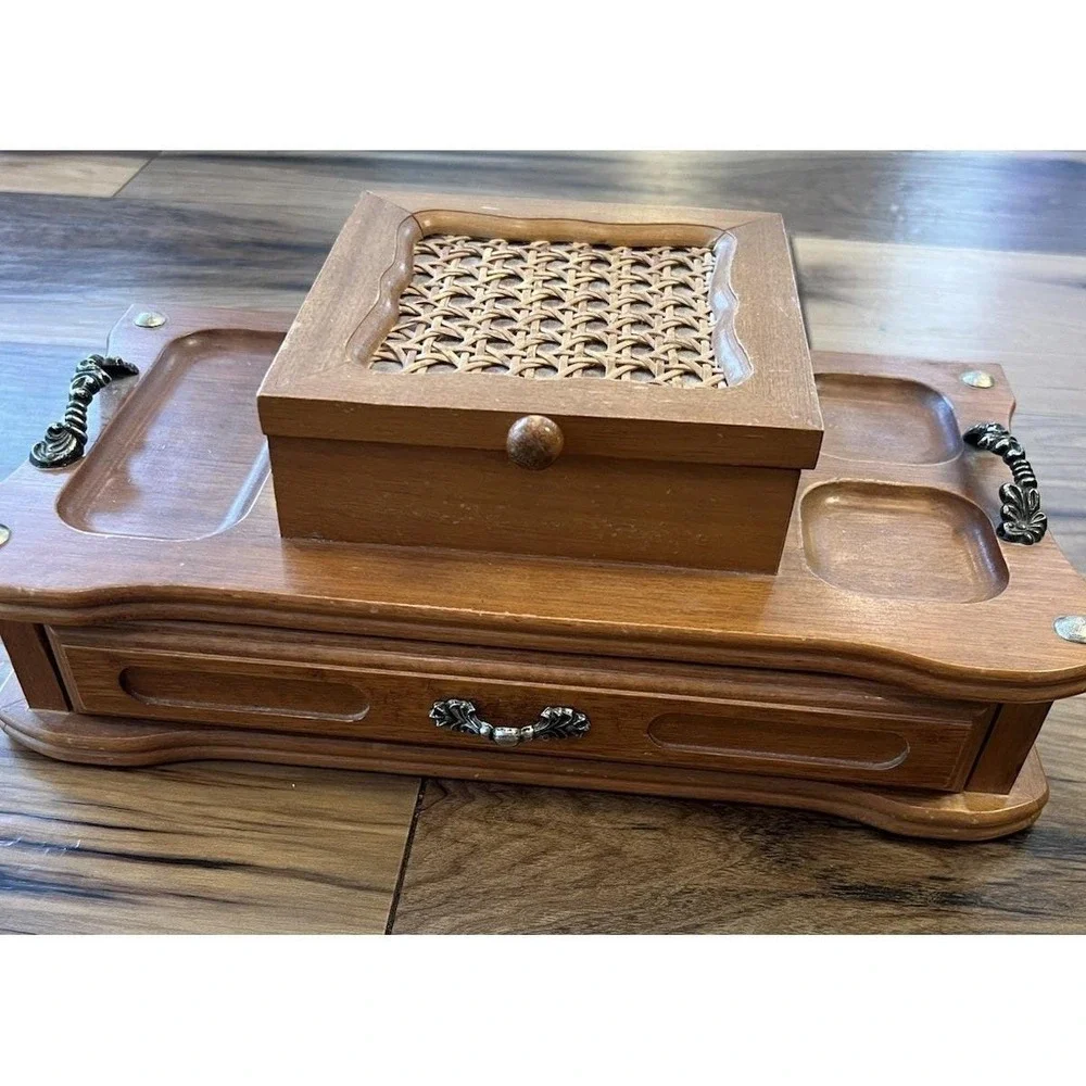 Vintage Tundra Imports Wood Valet Jewelry Box Cane Lid Drawer 13